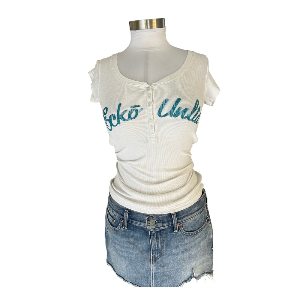 Vintage Y2K Ecko Unltd Henley Top XS White Teal Short Sleeve Ribbed Shirt